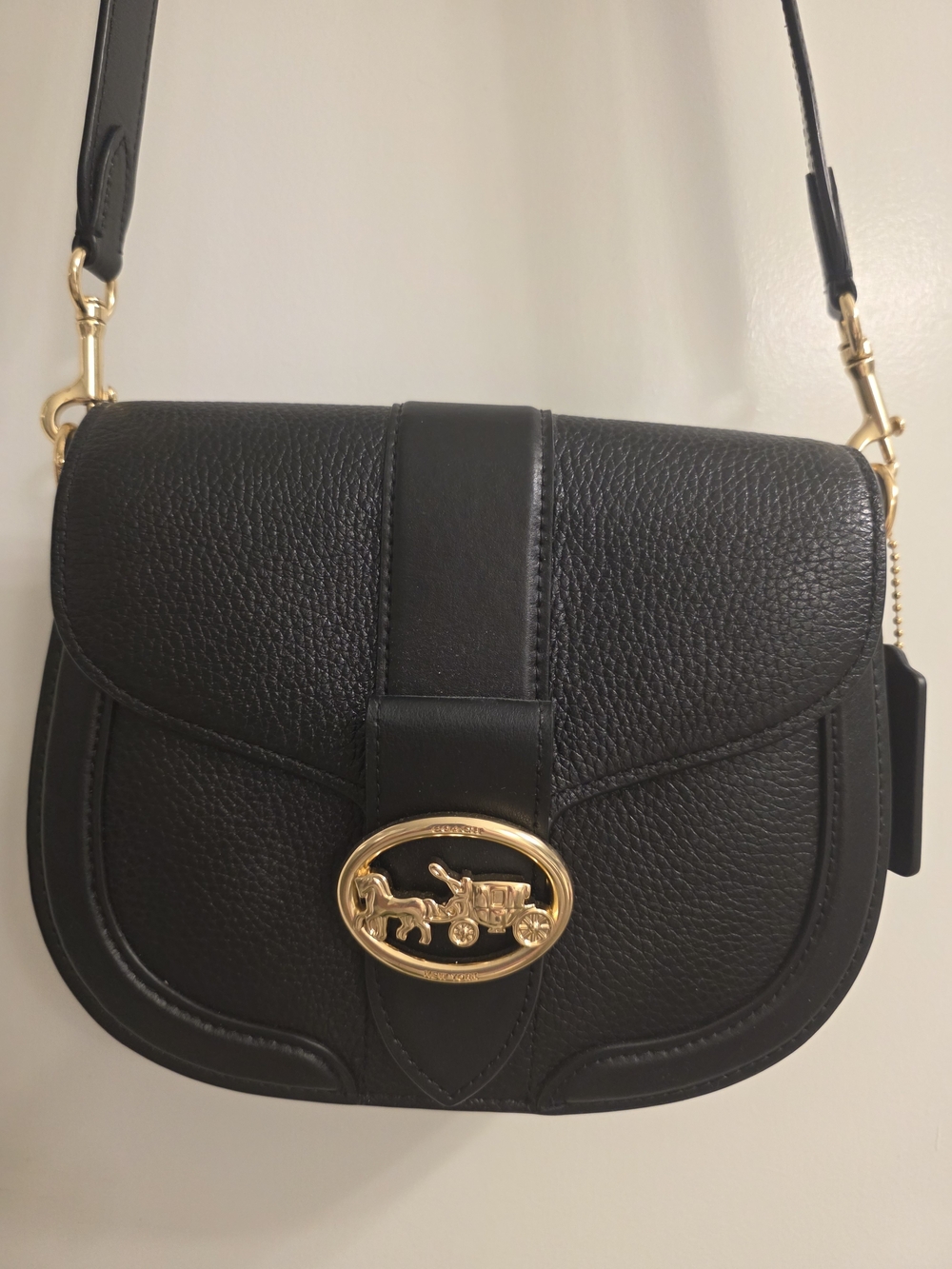 Coach Georgie Saddle Pebbled Leather Bag Black with Gold Emblem